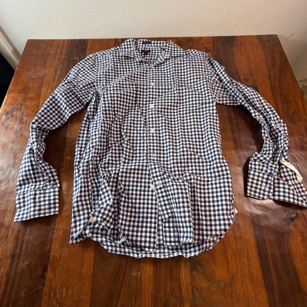 JCrew Ludlow Mens Medium Blue White Gingham 120s 2 Ply Cotton Slim Shirt